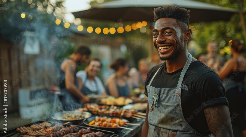 An apron-wearing young man grills shashliks in the foreground. Group of friends sitting around a table full of food during a party in the garden An apron-wearing young man grills shashliks in the foreground. Group of friends sitting around a table full of food during a party in the garden