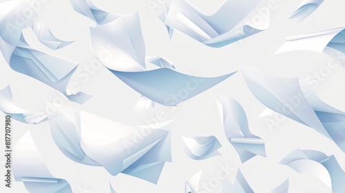 A white fly paper sheet with a white modern background. Isolated realistic letter for note flight on transparent background. Blank paper falling mockup set. Clear report scattered with a curly