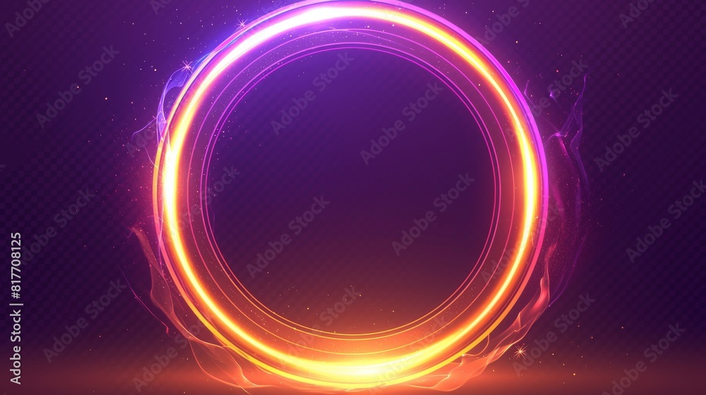 An overlay effect on a transparent circle halo light. Realistic modern illustration set of yellow and purple neon glow rings with sparkles, flares, and smoke clouds. An overlay effect on a transparent circle halo light. Realistic modern illustration set of yellow and purple neon glow rings with sparkles, flares, and smoke clouds.