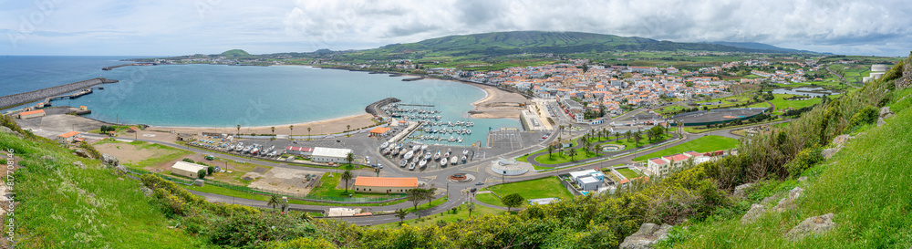 Fototapeta premium Aerial view of the marina and bay and beach of Vitoria, Terceira island-Açores-Portugal.05-05-2024