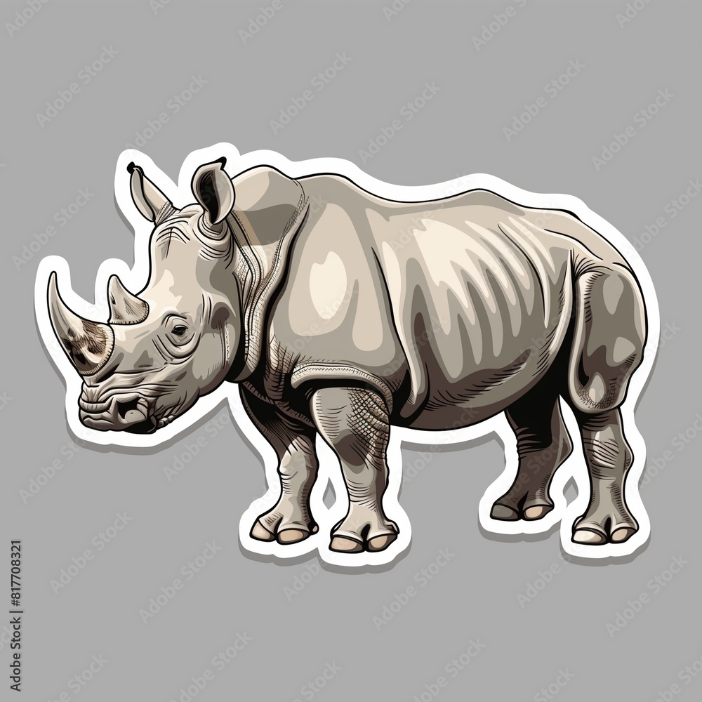 A rhinoceros illustration in normal colors as a sticker with a white outline on a gray background without any shadow or gradient.