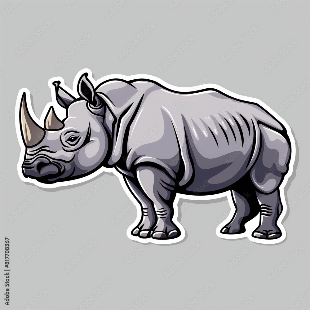 Fototapeta premium A rhinoceros illustration in normal colors as a sticker with a white outline on a gray background without any shadow or gradient.