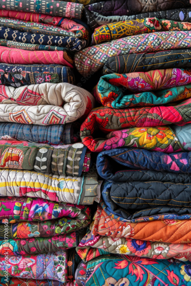 A stack of colorful quilts, with different fabric patterns and textures. A stack of colorful quilts, with different fabric patterns and textures.