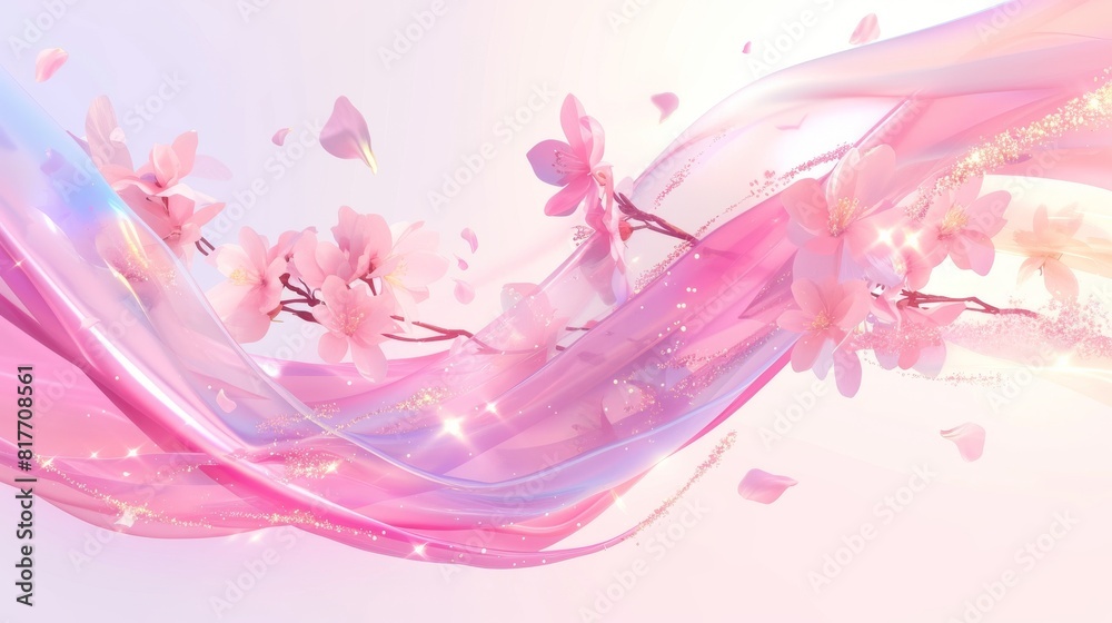 Wind wave with rose petals and sparkles. Realistic 3d modern illustration set of rose airflow swirls and curves with Japanese sakura or cherry blossoms. Abstract swoosh scent trail. Wind wave with rose petals and sparkles. Realistic 3d modern illustration set of rose airflow swirls and curves with Japanese sakura or cherry blossoms. Abstract swoosh scent trail.