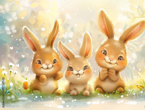 Cute bunnies  adorable bunny art featuring chubby cheeks  expressive eyes. Easter-themed content