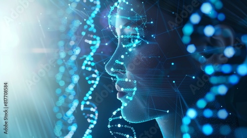 Illustration womans face composed luminous blue dots concept biohacking technology