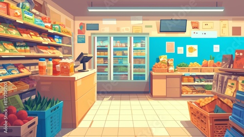 An empty retail building inside with fresh goods inside, with products displayed on shelves and in refrigerators and a cashier desk. Cartoon modern illustration of a supermarket interior.