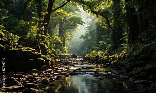 A Stream Flowing Through Vibrant Green Forest