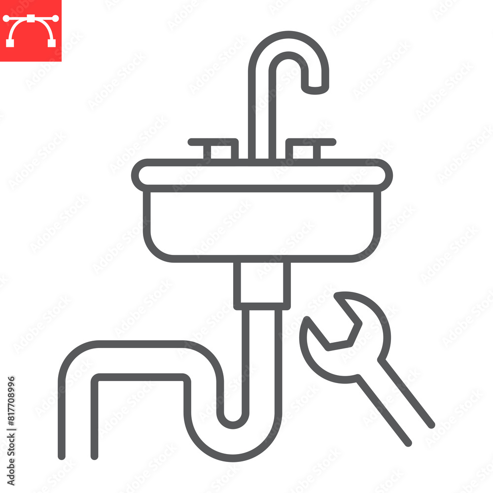 Sink installation line icon, plumbing service and handyman work, household repair vector icon, vector graphics, editable stroke outline sign, eps 10. Sink installation line icon, plumbing service and handyman work, household repair vector icon, vector graphics, editable stroke outline sign, eps 10.