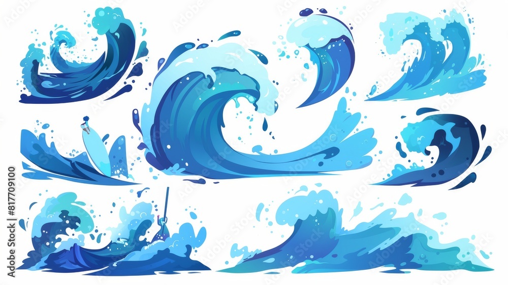 The set of water wave splashes on the background. Modern cartoon illustration of the ocean, a liquid spill with drops, surfing motion effects, fountain streams, and swimming adventure elements. The set of water wave splashes on the background. Modern cartoon illustration of the ocean, a liquid spill with drops, surfing motion effects, fountain streams, and swimming adventure elements.