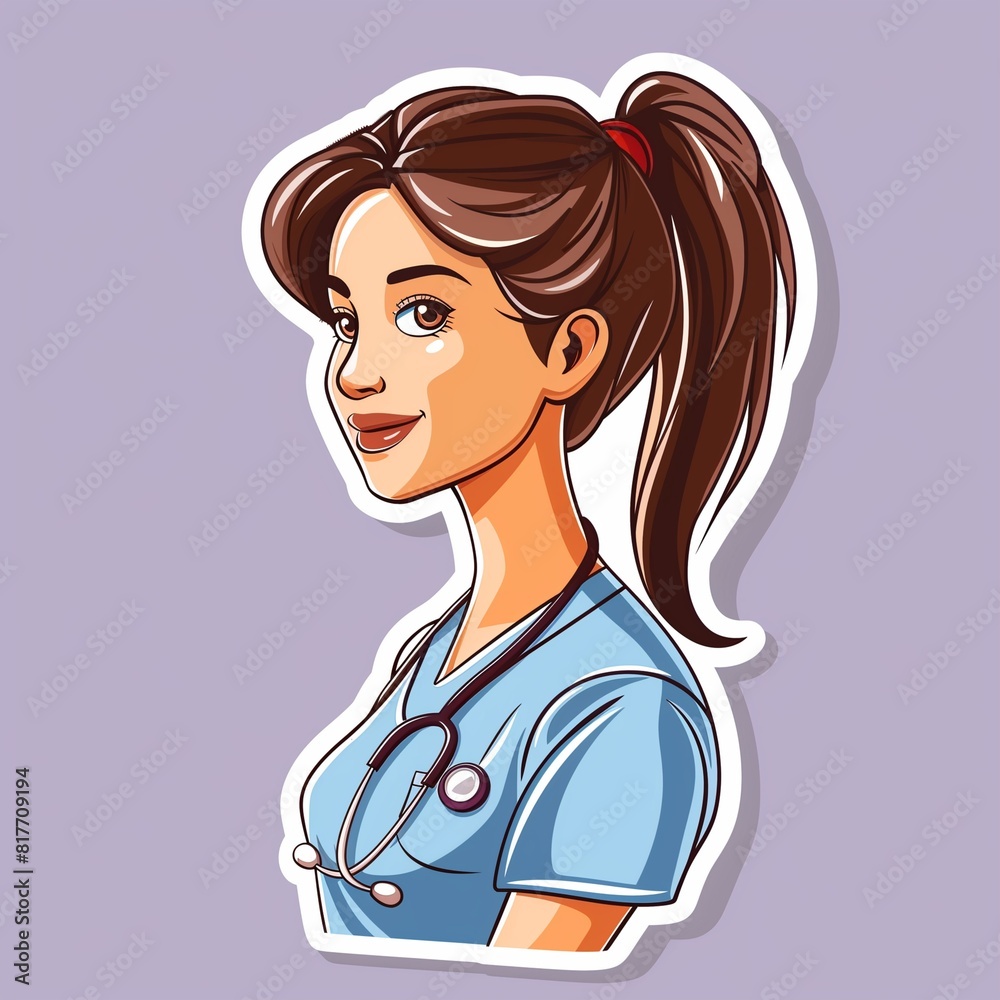 A young female nurse illustration style sticker with white outline on a solid light purple background without any shadow or gradient. A young female nurse illustration style sticker with white outline on a solid light purple background without any shadow or gradient.