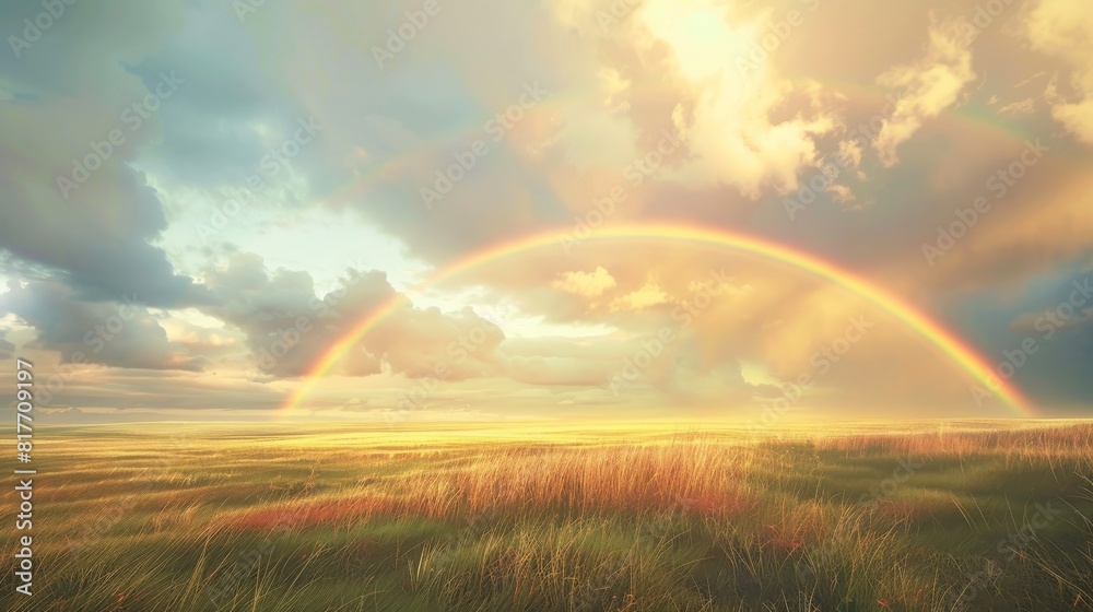 The photo shows a beautiful landscape with a rainbow over the field The photo shows a beautiful landscape with a rainbow over the field
