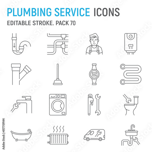 Plumbing service line icon set, repair collection, vector graphics, logo illustrations, household service vector icons, plumbing work signs, outline pictograms, editable stroke