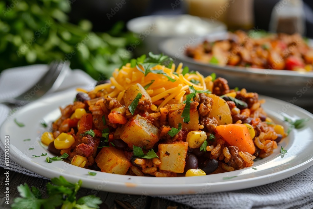 Chorizo and potato hash with carrots rice beans and cheese on white plate Chorizo and potato hash with carrots rice beans and cheese on white plate