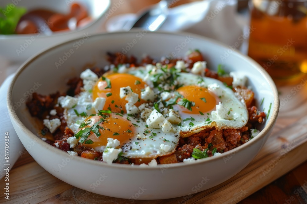 Chorizo and potato hash with eggs and feta for breakfast