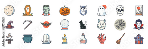 Halloween and attributes icons set, Included icons as pumpkin, witch, vampire, skeleton and more symbols collection, logo isolated vector illustration