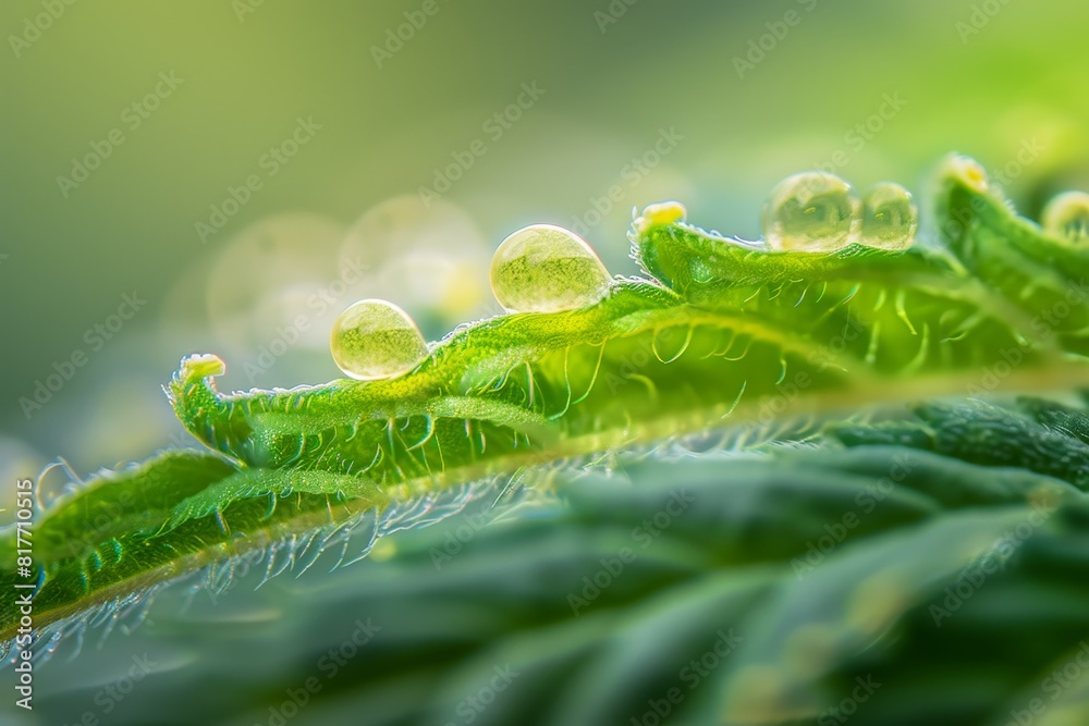 Close up photo of cannabis seeds and leaf with trichomes medical marijuana concept