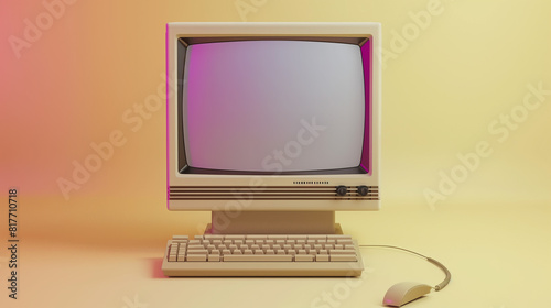  Blank Screen of an Old Desktop PC in Bright Retro Lighting Colors. 3D Rendering.
