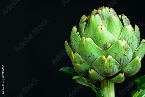 Closeup of a fresh green artichoke isolated on black background healthy vegetarian food
