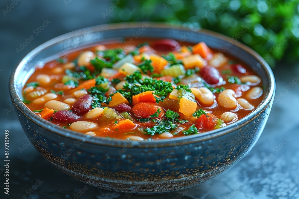 Minestrone Soup: A bowl of vegetable-rich minestrone soup with visible chunks of vegetables, beans, and pasta, in a hearty broth. Minestrone Soup: A bowl of vegetable-rich minestrone soup with visible chunks of vegetables, beans, and pasta, in a hearty broth.