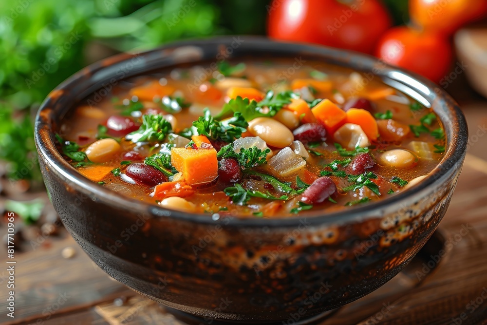 Minestrone Soup: A bowl of vegetable-rich minestrone soup with visible chunks of vegetables, beans, and pasta, in a hearty broth. Minestrone Soup: A bowl of vegetable-rich minestrone soup with visible chunks of vegetables, beans, and pasta, in a hearty broth.