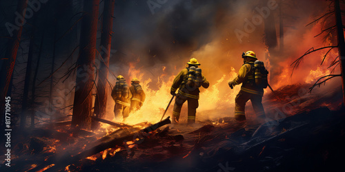 A dramatic photograph capturing firefighters battling a forest fire. Flames engulf trees in the background as firefighters work tirelessly to extinguish the blaze. 