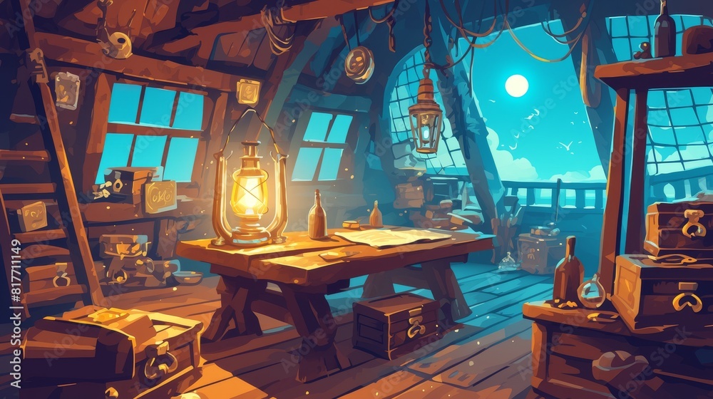 Interior of pirate cabin with treasure on ship at night. Old wooden ...