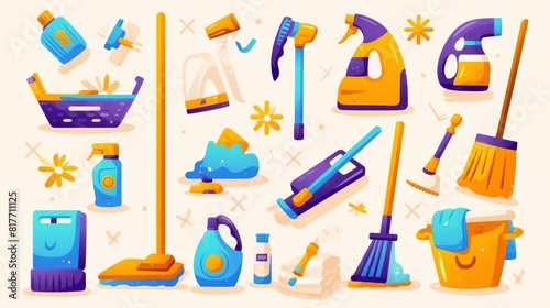 Collection of household cleaning tools and detergents - vacuum cleaner and broom stick, dustpan and brush, plastic bottle with washing agent and wipes. photo