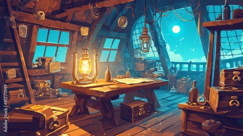 Interior of pirate cabin with treasure on ship at night. Old wooden boat deck with captain's table, chest, and rum bottle for CORSAIR adventure game. Buccaneer antique place interface. photo