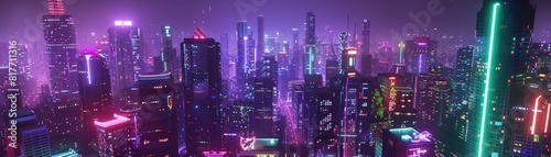 Illuminate the Night  Neon City Skyline in Vibrant Purple and Green