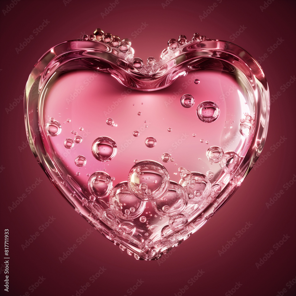 This is a 3D illustration of a glass heart with bubbles and light reflections on a pink background This is a 3D illustration of a glass heart with bubbles and light reflections on a pink background