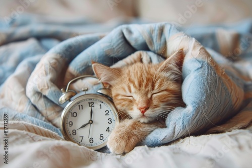 Cute kitten naps under blanket with alarm clock on bed at home Space for text