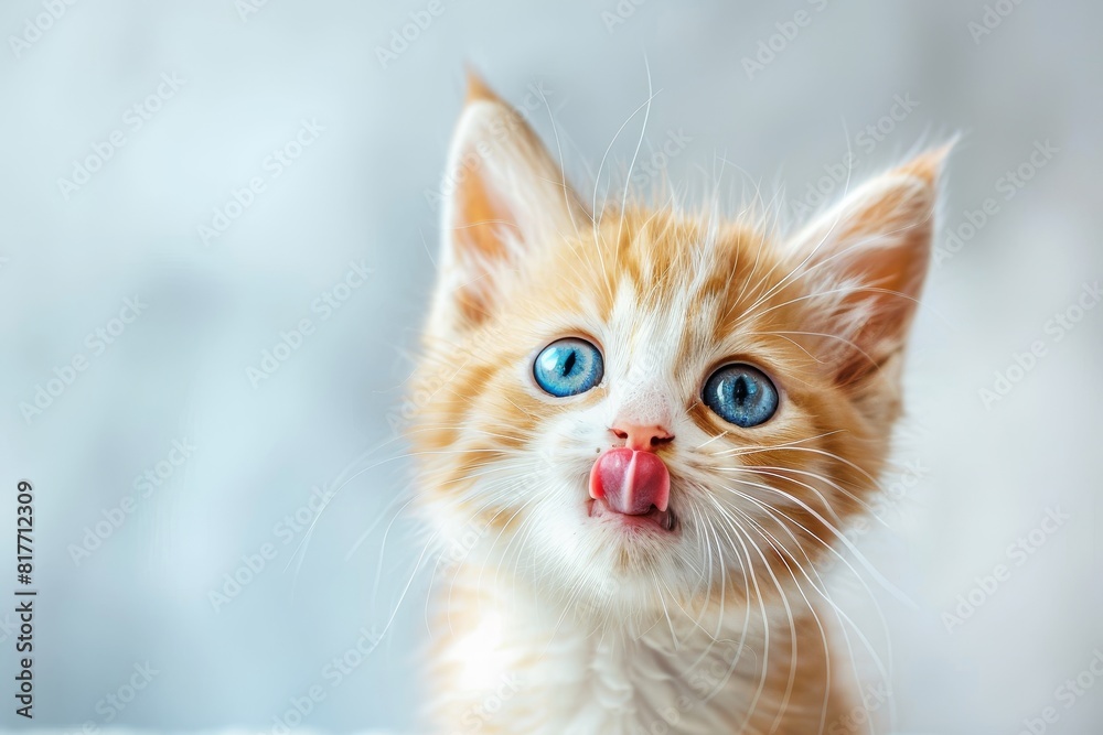 Cute hungry cat with blue eyes licks lips White red kitten posing in studio Free space for text