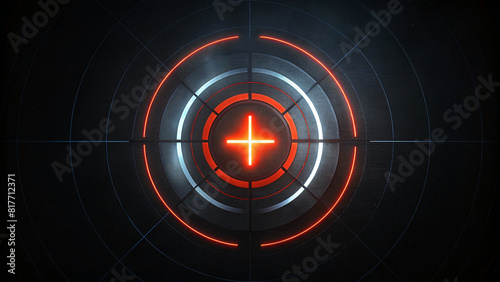 Dark red futuristic crosshair with abstract glowing lines and geometric shapes