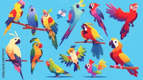 Isolated sets of colorful parrot birds on blue backgrounds. Modern cartoon illustration of cute exotic mascot  tropical nature design elements  jungle wildlife characters.