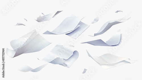 A4 fly white paper sheet on transparent background. Realistic office paperwork falling from the sky. Clipart of A4 scattered and bent away on the wind.