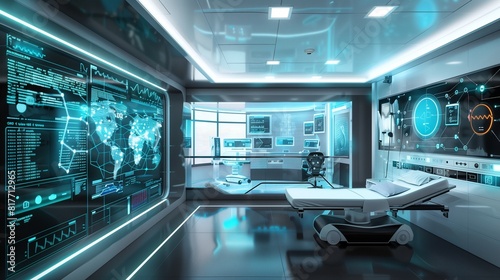 a modern  high-tech hospital room  showcasing how technology has transformed patient care and monitoring.