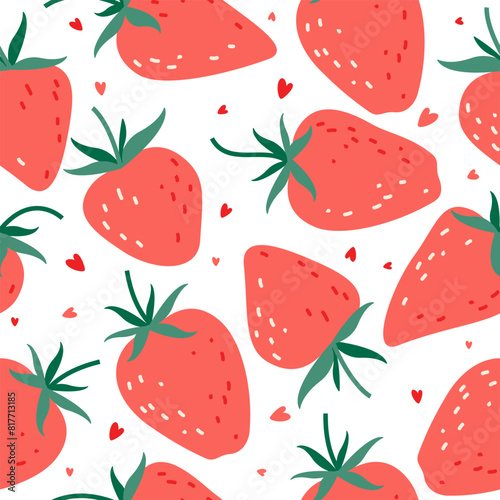 Strawberry seamless pattern. Summer background with strawberries and hand drawn hearts, strawberry wallpaper, cute vector design for cards, fabric, wrapping paper
