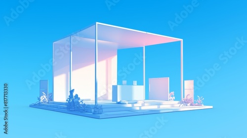 Booth presentation stand mockup with white walls, table, floor, and corner view. Empty stall for exhibition scene with modern realistic elements.