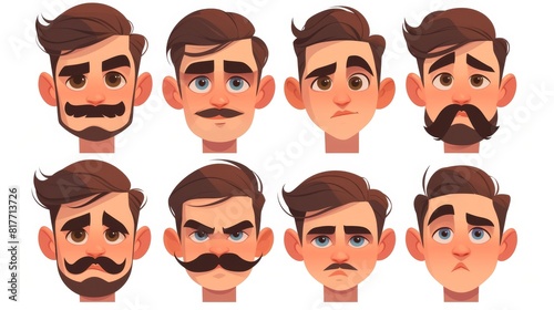 An avatar construction kit with a variety of haircuts and features including eyes, brows, noses, lips, mustaches, beards, and moustaches. Modern illustration of customizable young male head elements.