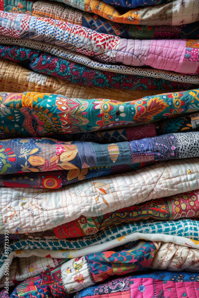 A stack of colorful quilts, with different fabric patterns and textures. A stack of colorful quilts, with different fabric patterns and textures.