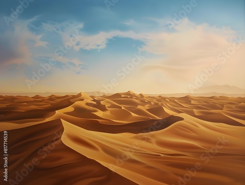 the serene beauty of a desert landscape  featuring golden sand dunes under a tranquil sky