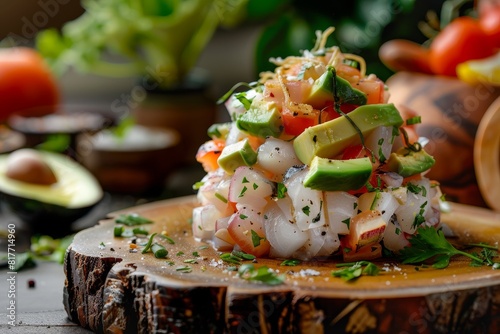 Fish ceviche with tomato avocado fried green on a wooden platter photo