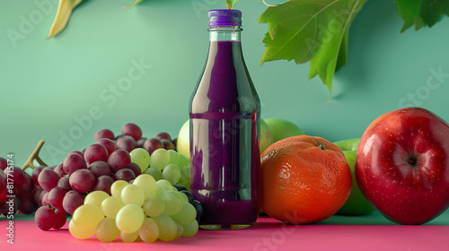 a bottle of colorful vivid  grape smoothie against a solid color background 