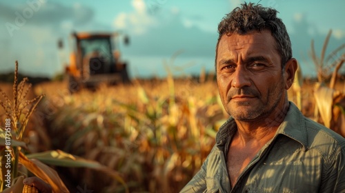 photography of a brazilian middle age man holding a corn cob on his hand on a corn field wearing a plain pastel olive green shirt with a harvester on the background