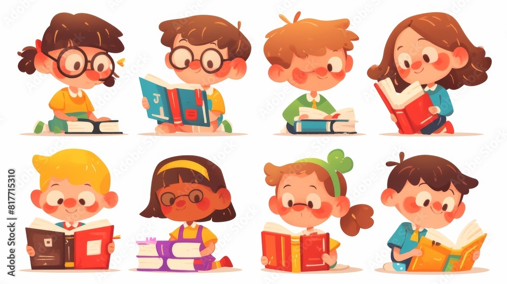 Modern illustration of children reading books isolated on white background. Smart boy wearing eyeglasses hugs textbook, and nice girl reading fairy tales. Modern illustration of children reading books isolated on white background. Smart boy wearing eyeglasses hugs textbook, and nice girl reading fairy tales.