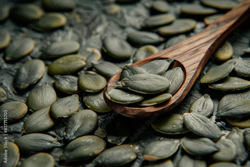 Fresh green pumpkin seeds arranged with a wooden spoon on rustic surface for salads or snacks