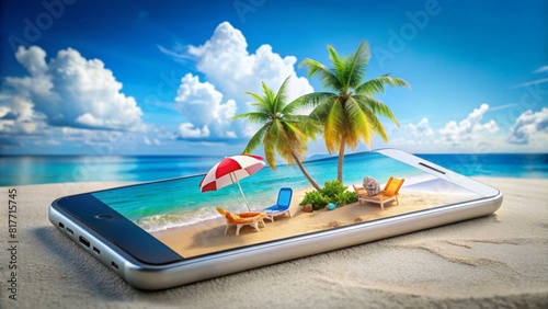 Creative summer beach on smartphone with blue background