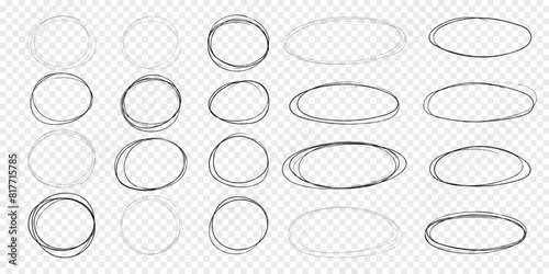 Circle scrible circular emphasis frame, fast mark, pencil line doodle frame. Ring, oval sketch highlight sphere on transparent background. 