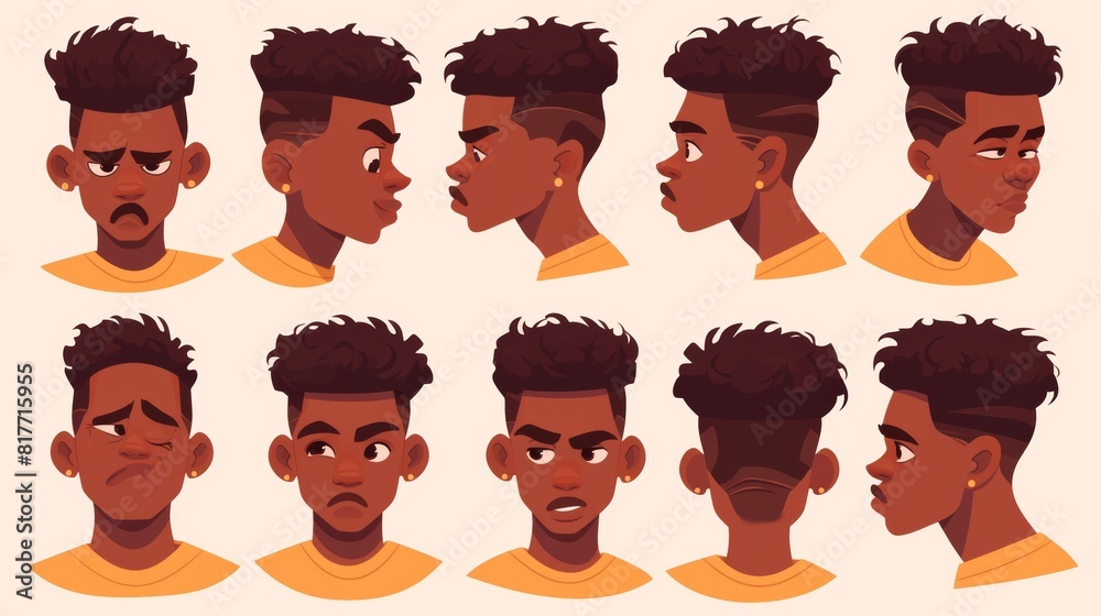 A African man character creation tool that shows the character's front, side, and back views as well as the head with different facial expressions. Cartoon modern illustration set of guy avatar A African man character creation tool that shows the character's front, side, and back views as well as the head with different facial expressions. Cartoon modern illustration set of guy avatar